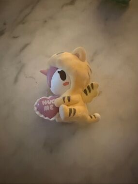 Yellow Tiger Plush Pet Toy with Pink Heart - HUG ME